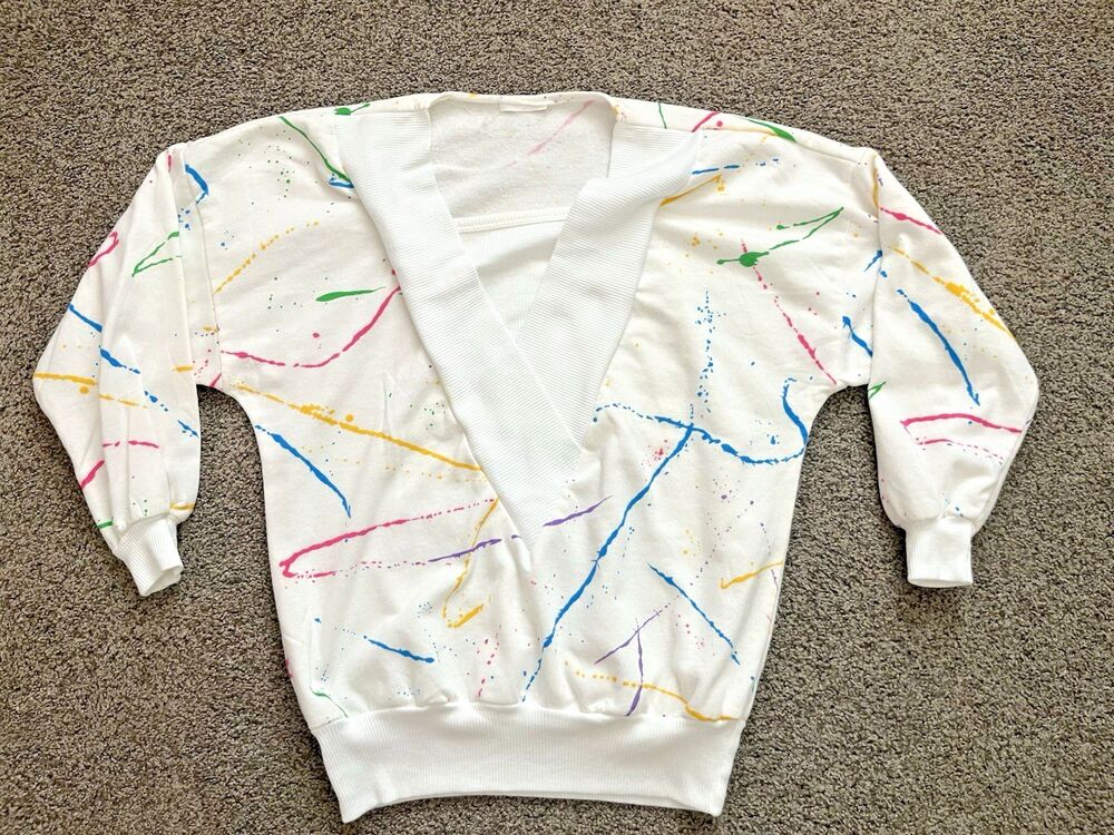 90s Womens Sweatshirt Pullover Pink Blue Green Gold Paint Splatter Size M